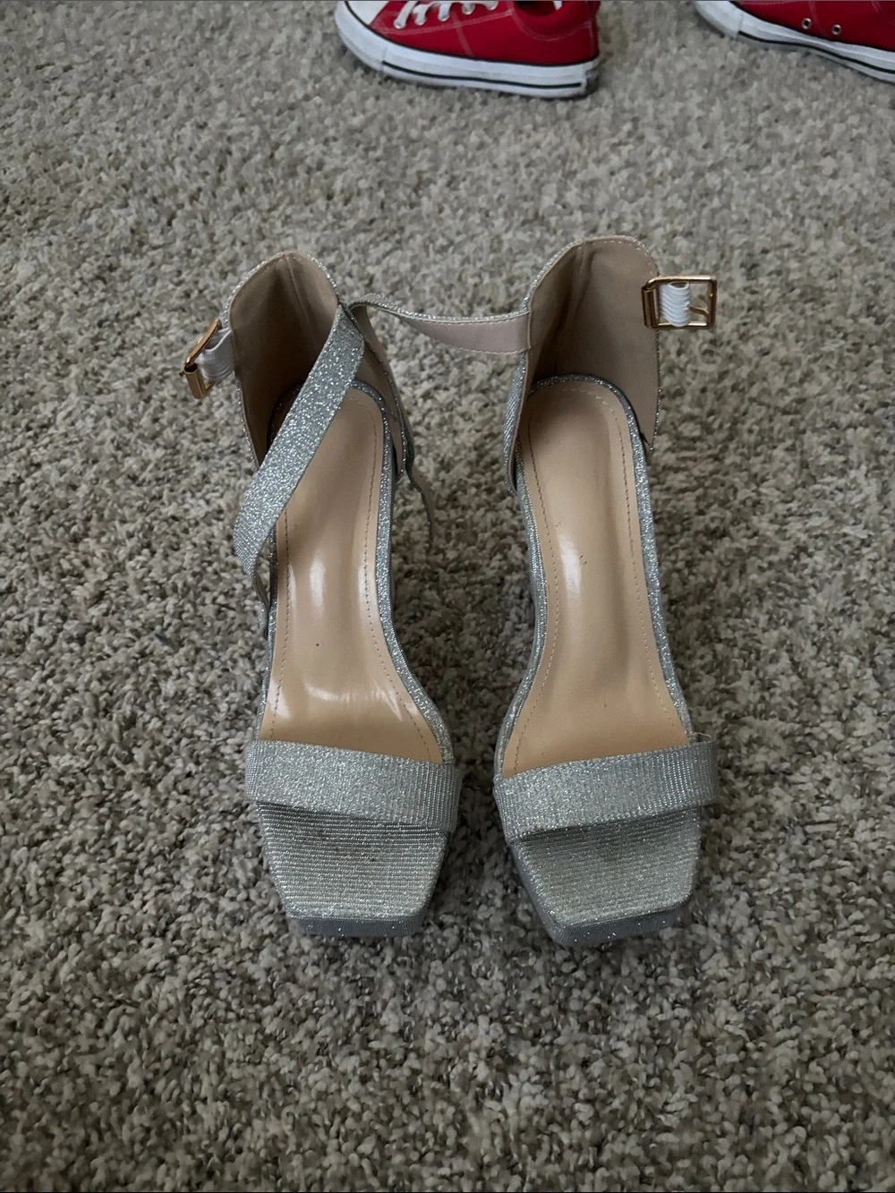 Silver Glitter Platform Block Heel Sandals for Women